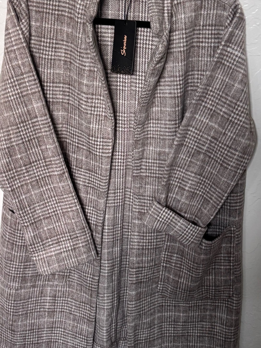 Shinestar Taupe Plaid Open-Front Trench Coat - Picture 6 of 7